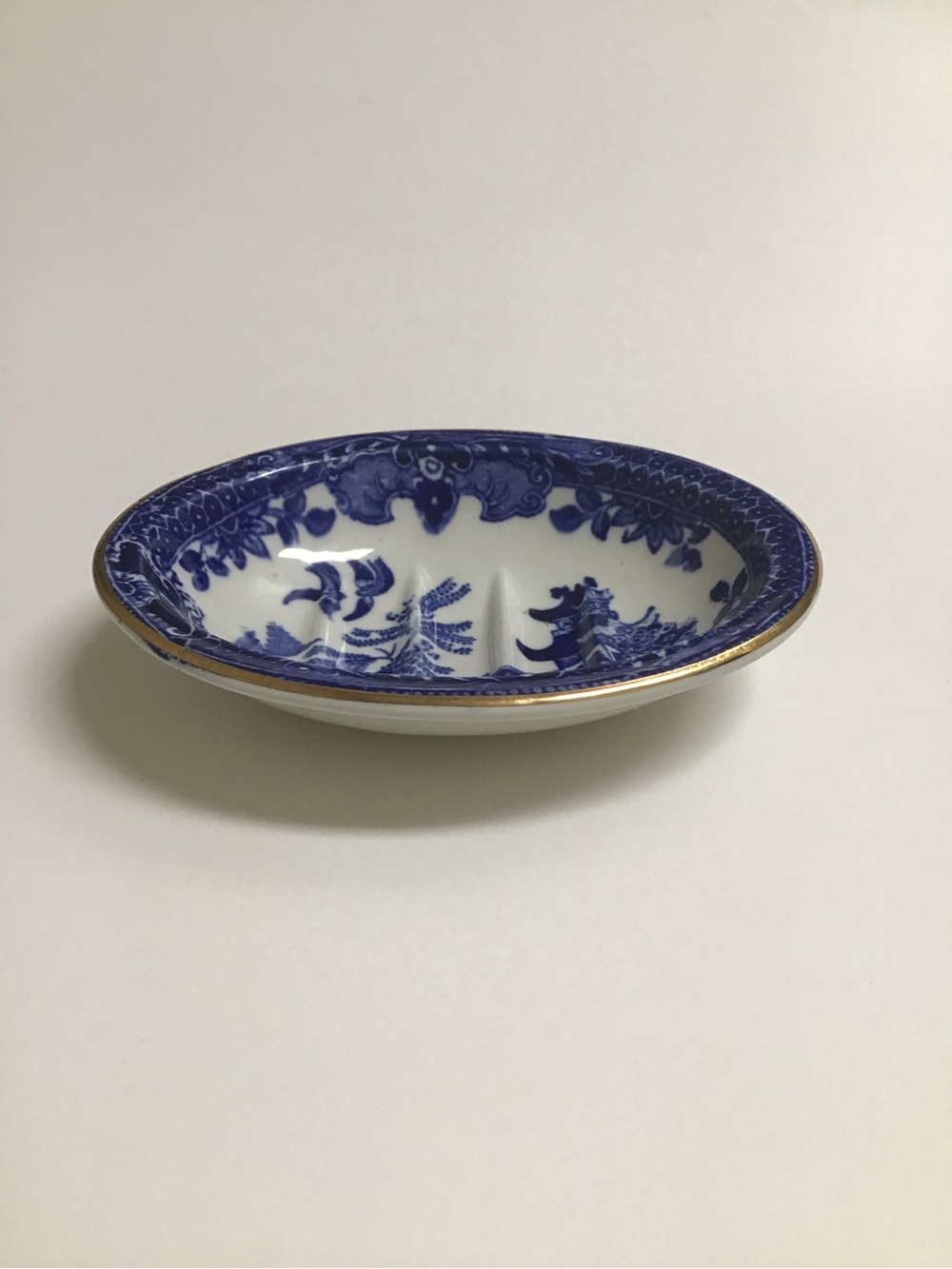 Blue Willow Antique 1920's England Burleigh Ware Oval Soap Dish Ridges Gold Rim - Picture 4 of 14